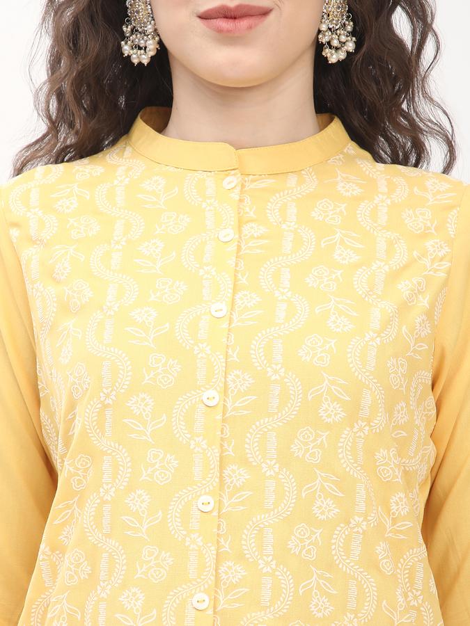 Women's regular fit casual yellow chikankari printed front button down straight kurta image number 3