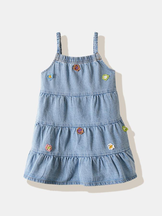 Girls Denim Regular Fit Square Neck Tiered Dress