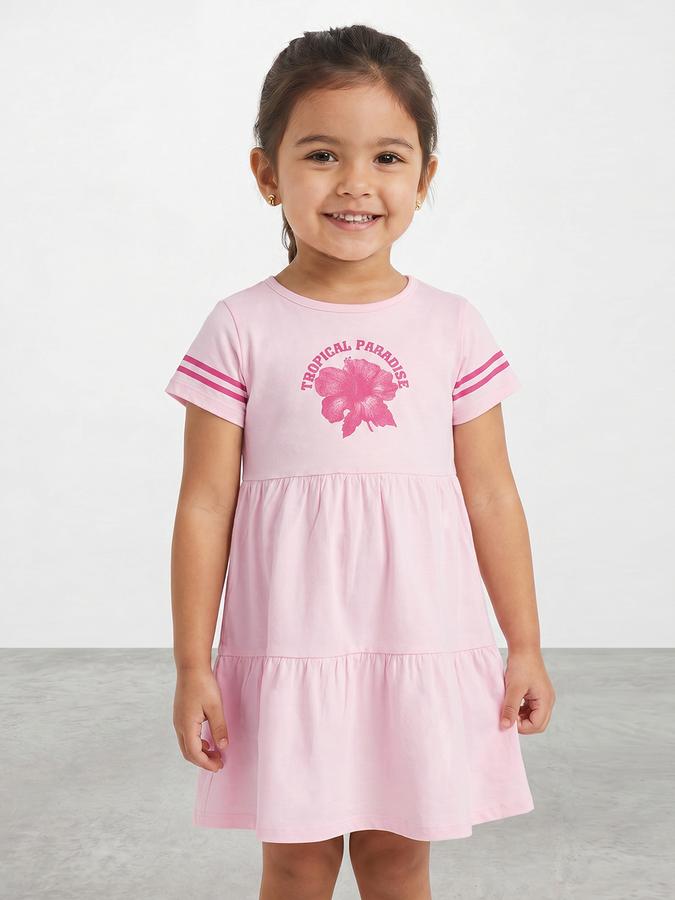 R&B Girl Pink Floral Print Pure Cotton Short Sleeves Fit and Flare Dress