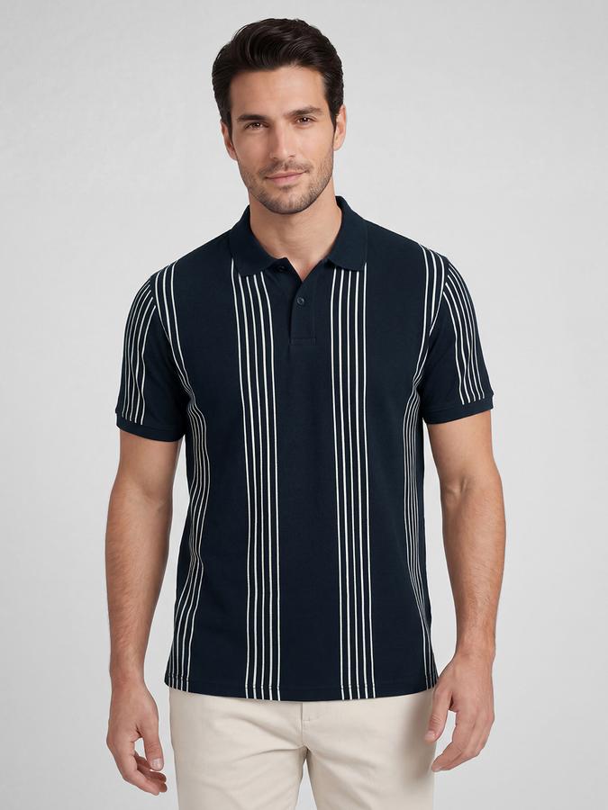 R&B Navy Blue Striped Men Polo Collar Regular Fit Short Sleeves T-Shirt 