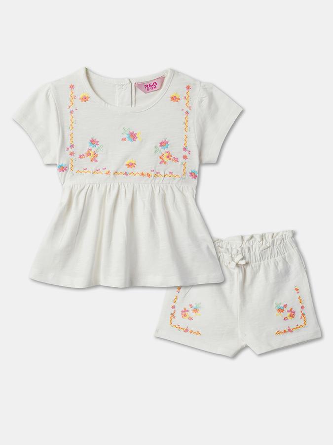 Girls Embroidered Round-Neck Top & Shorts Set image number 0