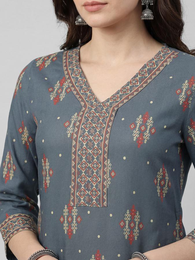 R&B Grey Printed Women Three-Quarter Sleeves V-Neck Kurta
