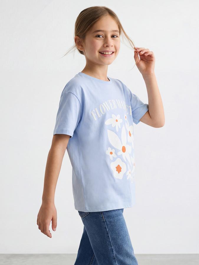 R&B Girls Blue Regular Fit Floral Print Short Sleeve T-shirt
