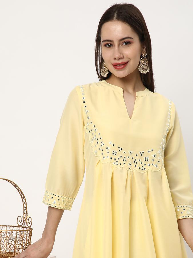 Women Poly Blend Regular Fit Mandarin Collar Embellished Kurta