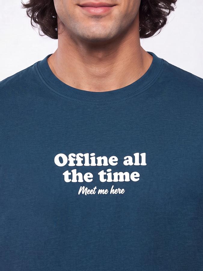 R&B Men Mallard Blue Typographic Print Short Sleeves Pure Cotton Tshirt