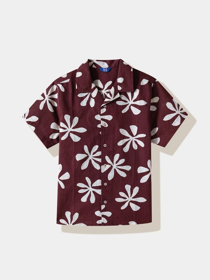 R&B Boys Rust Floral Print Half Sleeves Cuban Collar Shirt