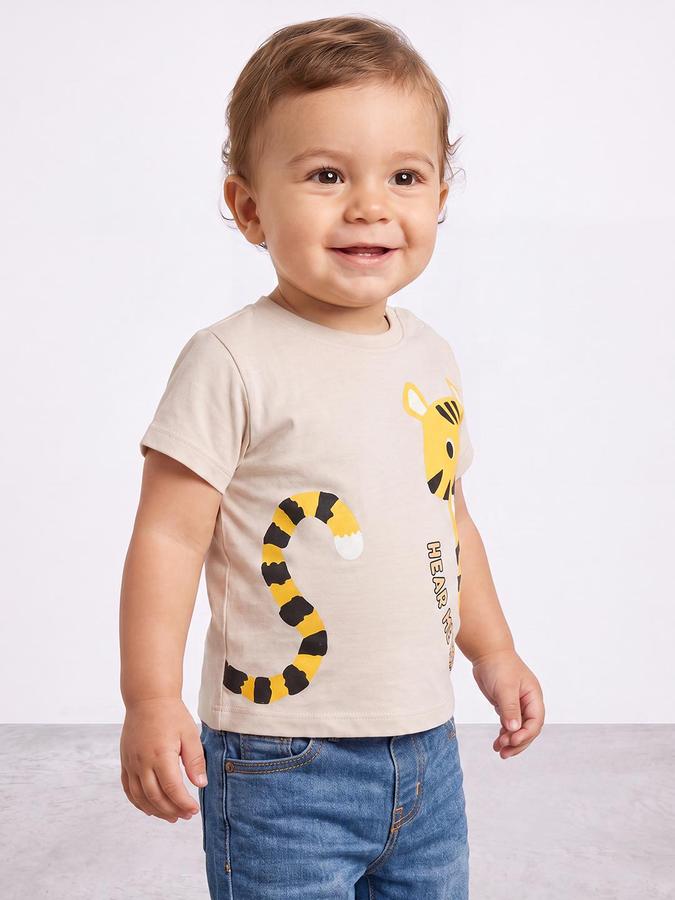 R&B Boys Beige Short Sleeve Round Neck Tiger Graphic Print T-Shirt