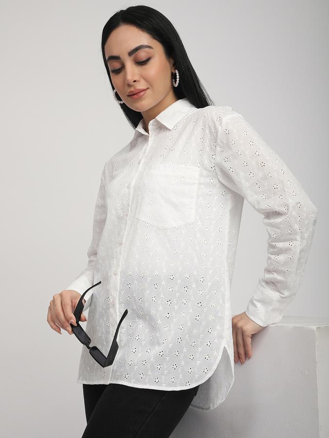 Women Cotton Relaxed Fit Shirt Collar Schiffli Top