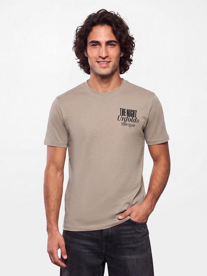 R&B Men Sand Brown Typographic Print Short Sleeves Pure Cotton Tshirt