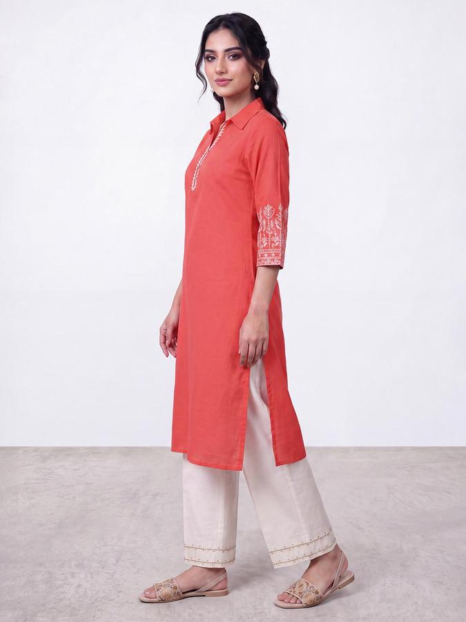 R&B Women Coral Floral Embriodery Shirt Collar Three-Quarter Sleeves Straight Kurta