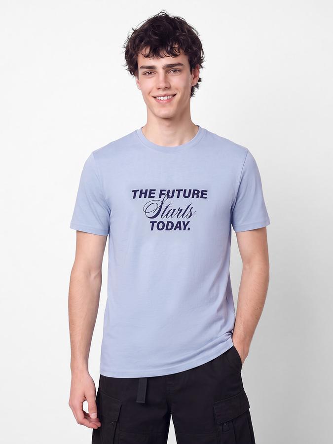 R&B Men Dusty Blue Typographic Print Short Sleeves Pure Cotton Tshirt