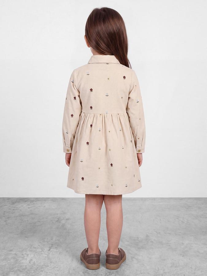 R&B Girls Beige Floral Embroidered Shirt Collar Long Sleeves Fit and Flare Dress