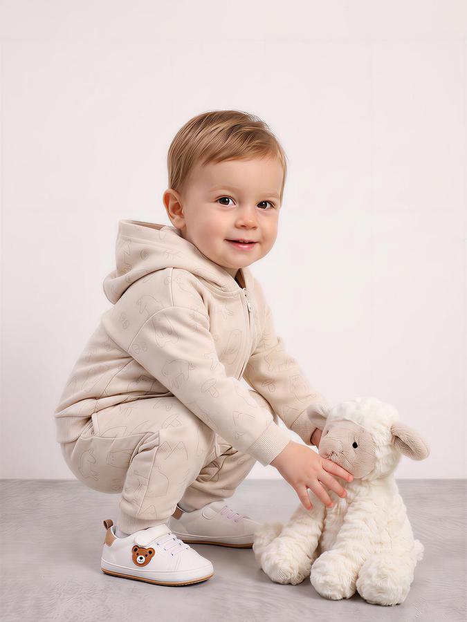 R&B Boys Long Sleeve Hooded Bear Print Beige Hoodie and Jogger Set