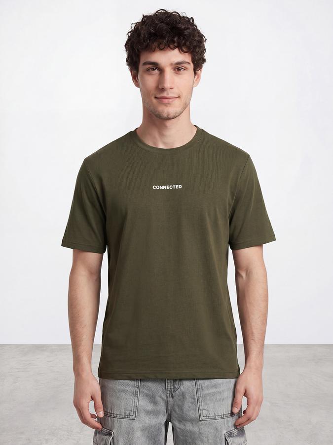 R&B Men's Olive Short Sleeves Round Neck Relaxed Fit Graphic Print T-Shirt