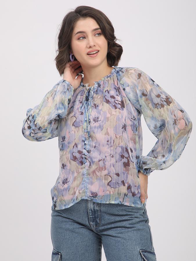 Women Polyester Relaxed Fit Tie-Neck Ruffled Top