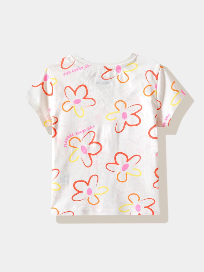 Girls Cotton Regular Fit Crew Neck Floral T-shirt