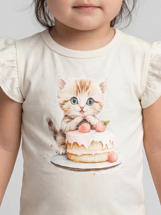R&B White Graphic Print Girls Round Neck Regular Fit Short Sleeves T-Shirt 