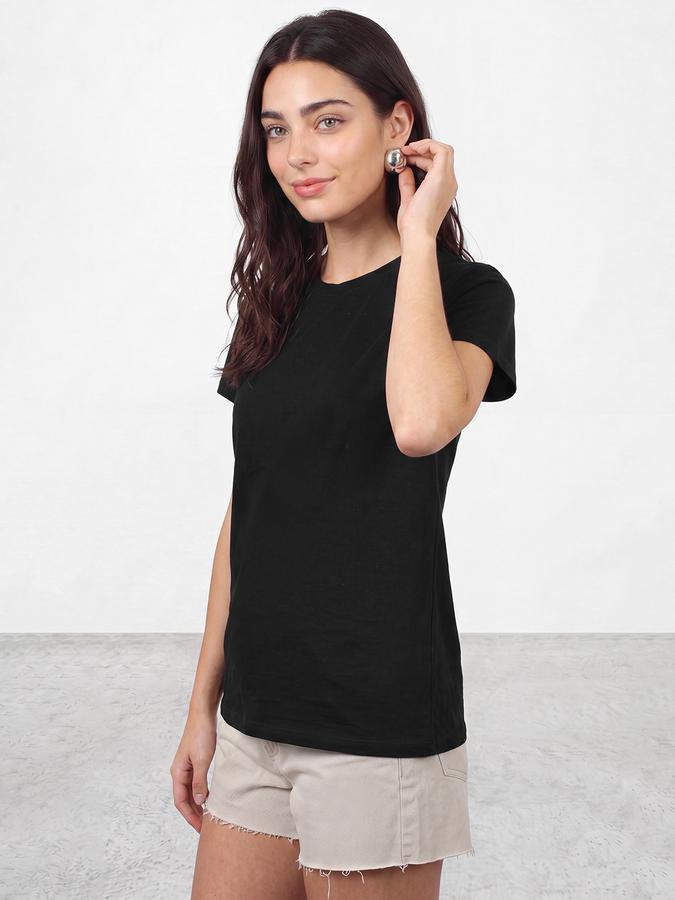 R&B Women Black Solid Short Sleeves Soft Touch Tshirt