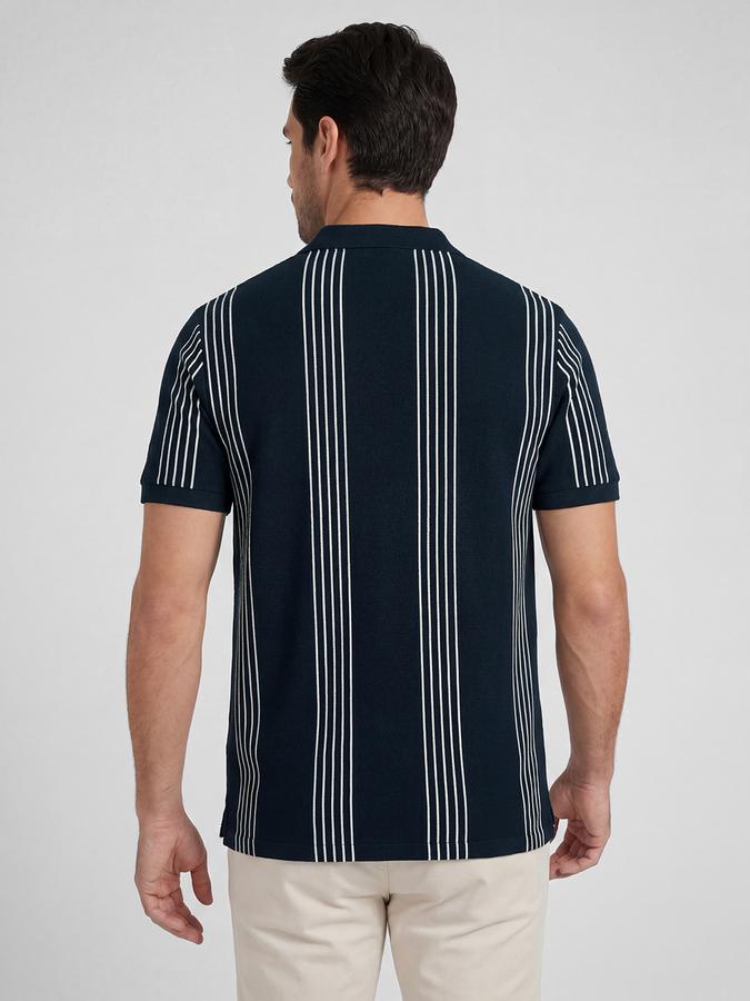 R&B Navy Blue Striped Men Polo Collar Regular Fit Short Sleeves T-Shirt 