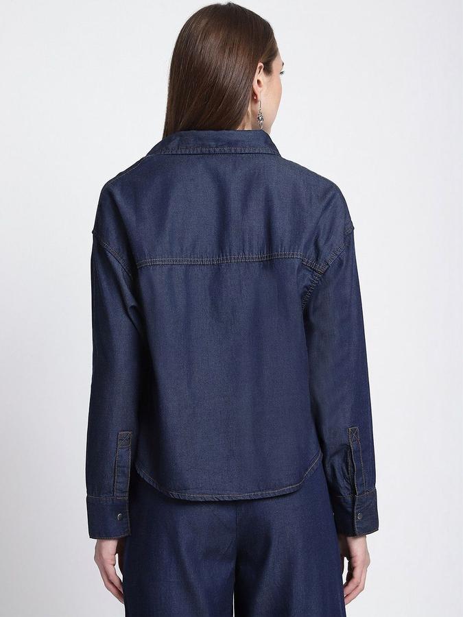 R&B Women Dark Blue Solid Long Sleeves Shirt 