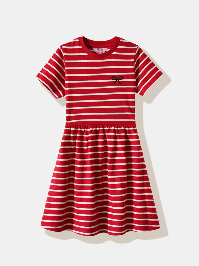 Girls Cotton Regular Fit Round Neck Striped Dress