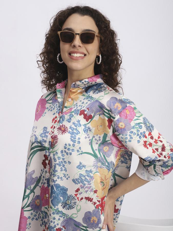 R&B Women Off White Botanical Print Longline Shirt