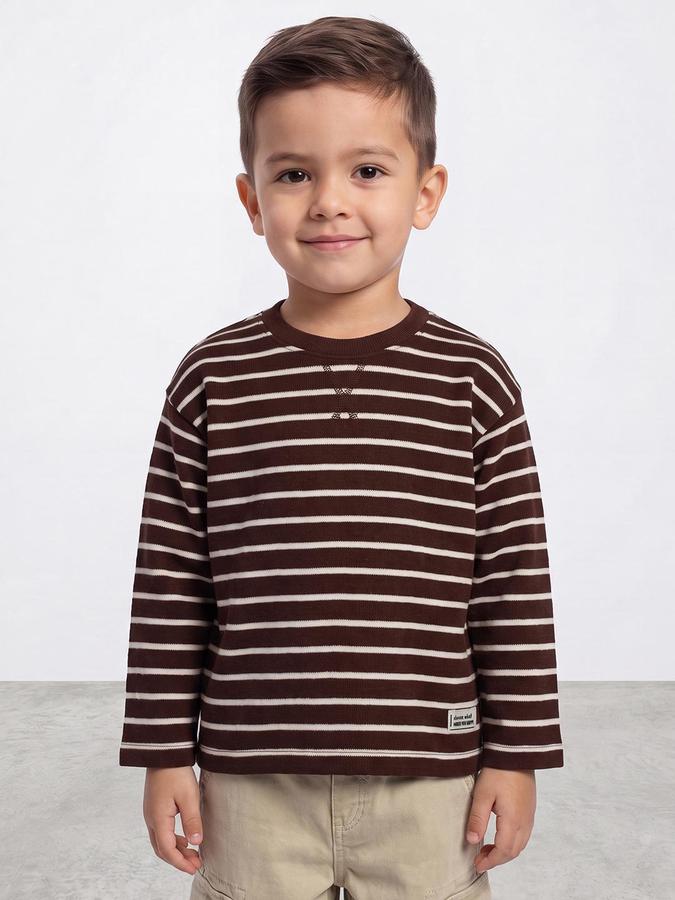 R&B Boys Brown Striped Long Sleeves Round Neck T-Shirt