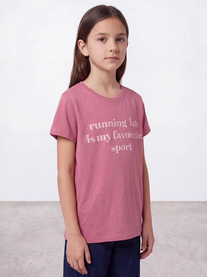 R&B Girls Dusty Pink Typography Print Short Sleeves Round Neck Pure Cotton T-Shirt