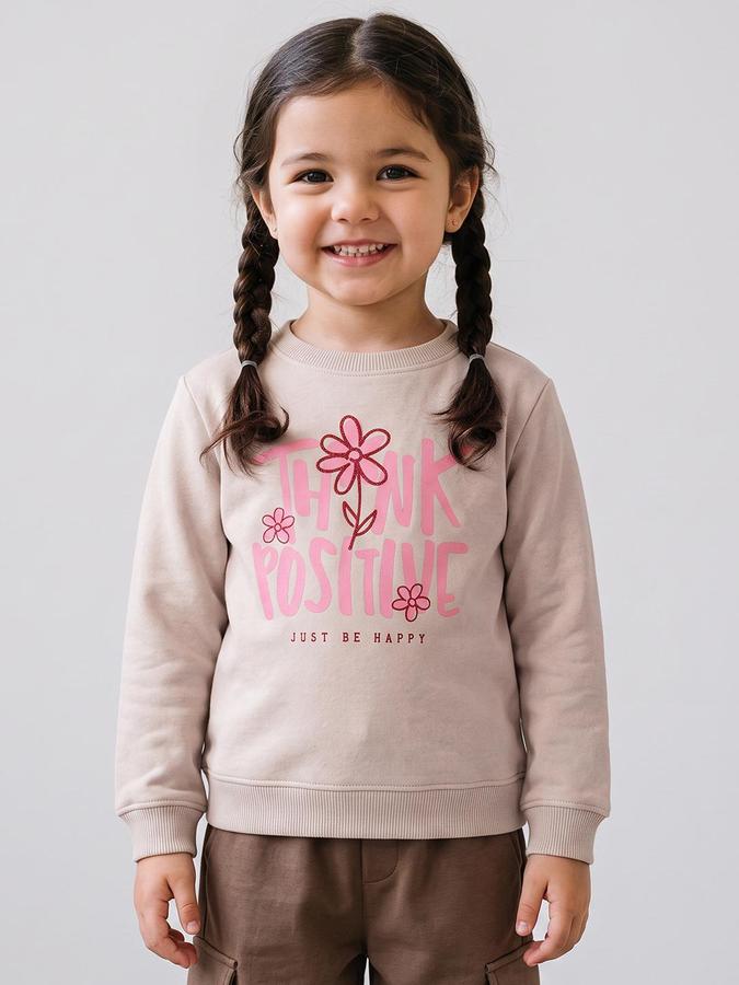 R&B Girls Beige Typography Print Round Neck Long Sleeves Sweatshirt