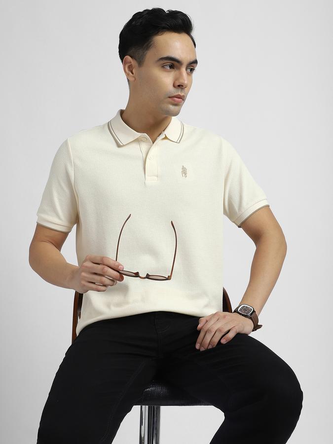 Men Cotton Blend Regular Fit Polo Neck Textured T-shirt