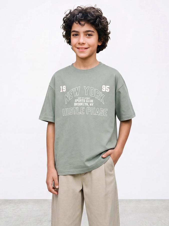 R&B Boys Green Bold Typographic Print Drop-Shoulder Sleeves Tshirt
