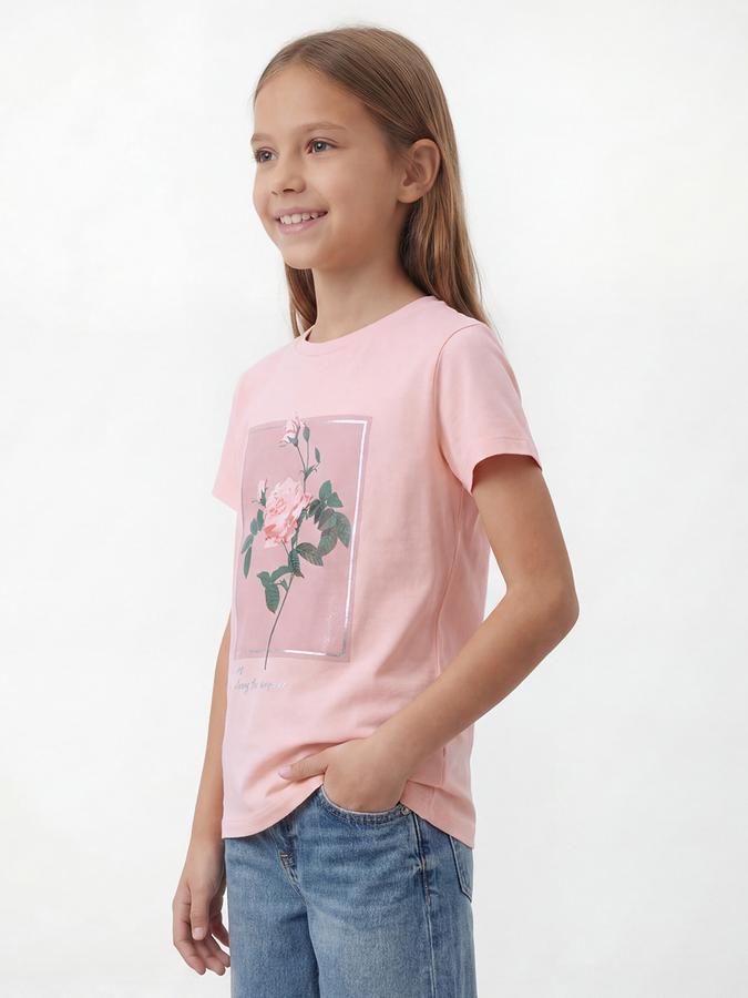 R&B Girls Pink Floral Print Regular Fit Round Neck Half Sleeve T-Shirt