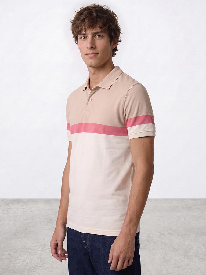 R&B Men Ivory Striped Short Sleeves Polo Collar Pure Cotton T-Shirt