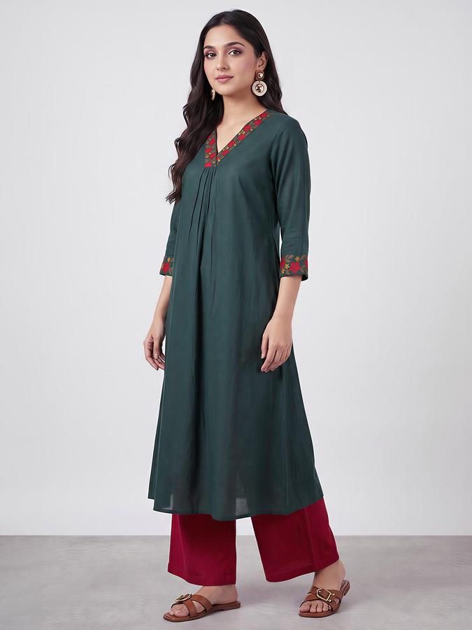 R&B Women Forest Green Floral Embroidered V-Neck Three-Quarter Sleeve A-Line Kurta