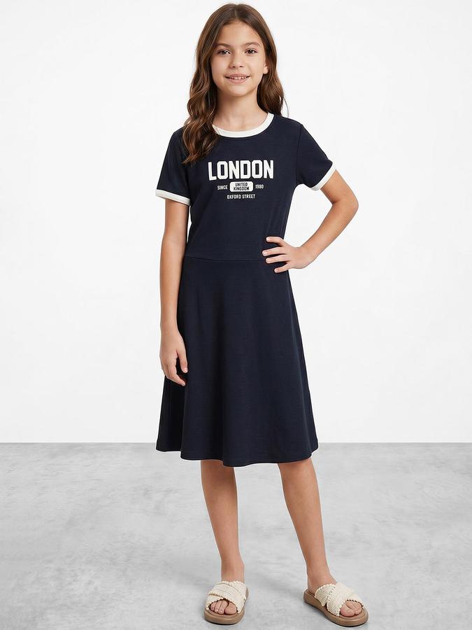 R&B Navy Blue Cotton Printed Girls Dresses