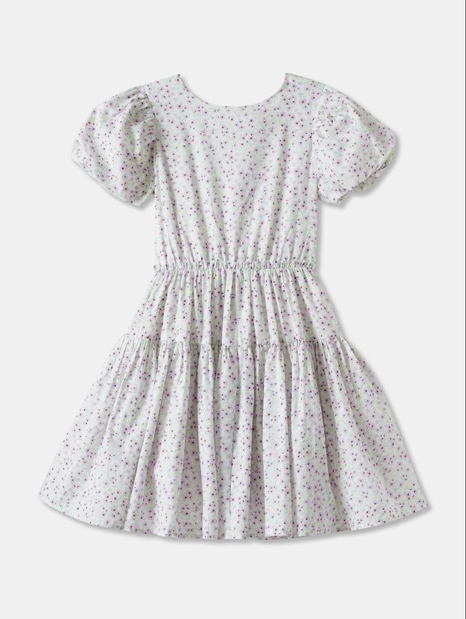 R&B White Floral Printed Girls Short Sleeves Dress