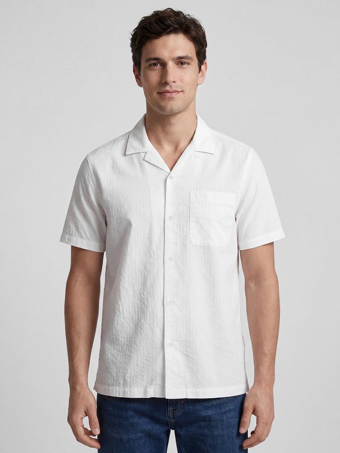 R&B Ivory Striped Men Cuban Collar Short Sleeves Shirt