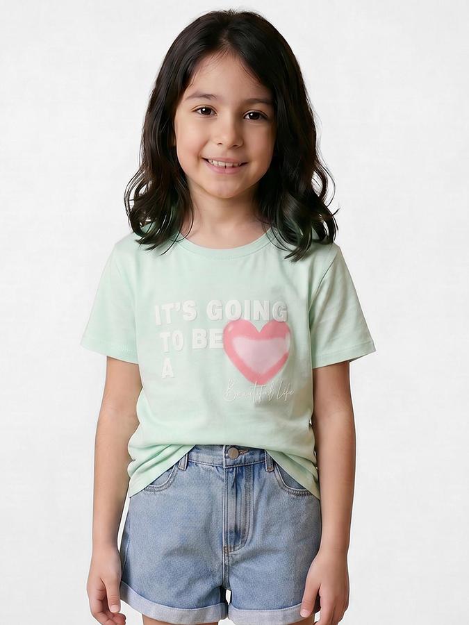 R&B Green Girls Printed Short Sleeves Tshirt