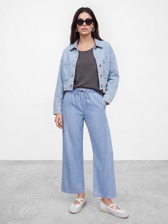 R&B Women Pure Cotton Mid Blue Wide Leg Jeans With Drawstring Closure