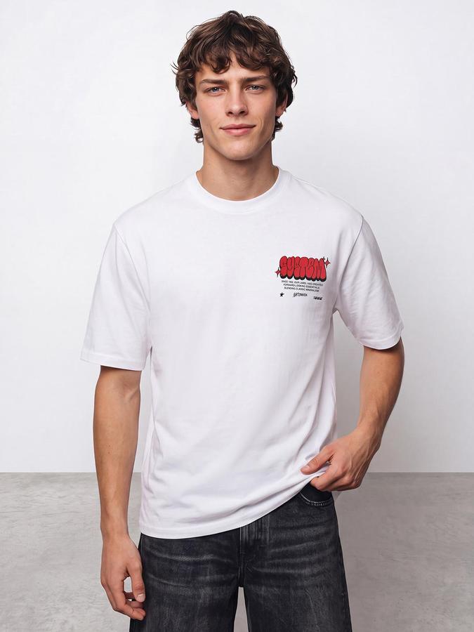 R&B Men White Short Sleeve Round Neck Typography Back Print T-Shirt