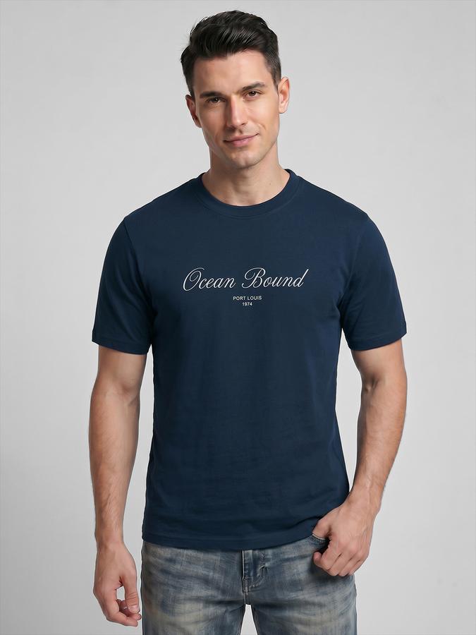 R&B Blue Typography Men Round Neck Relaxed Fit Short Sleeves T-Shirt 