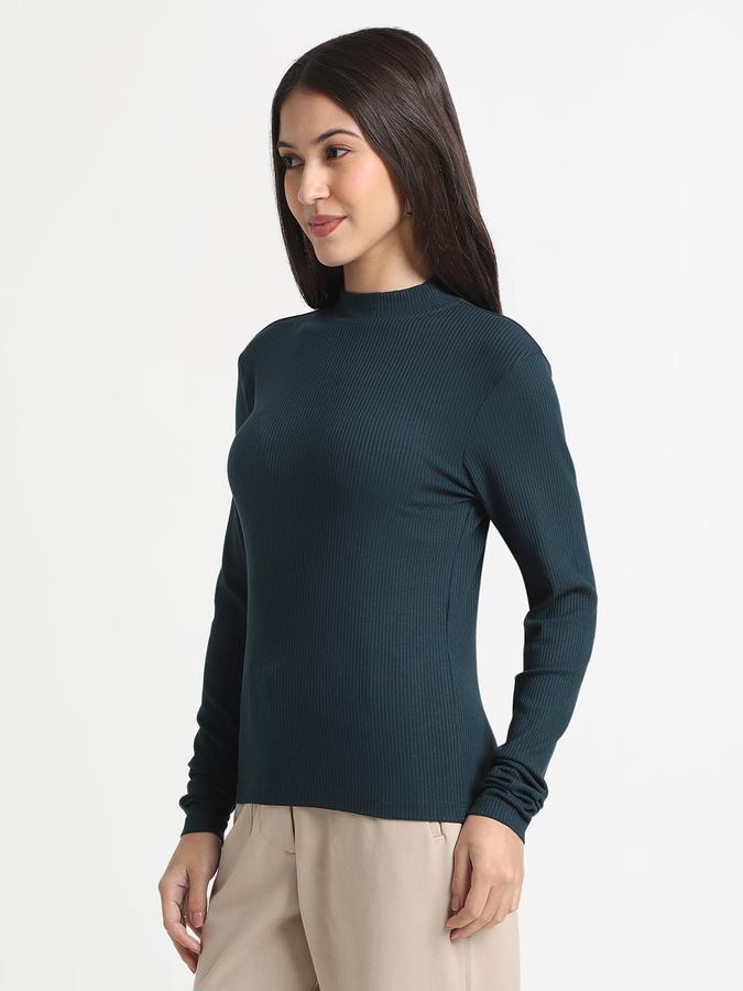 R&B Women Teal Solid Ribbed Top