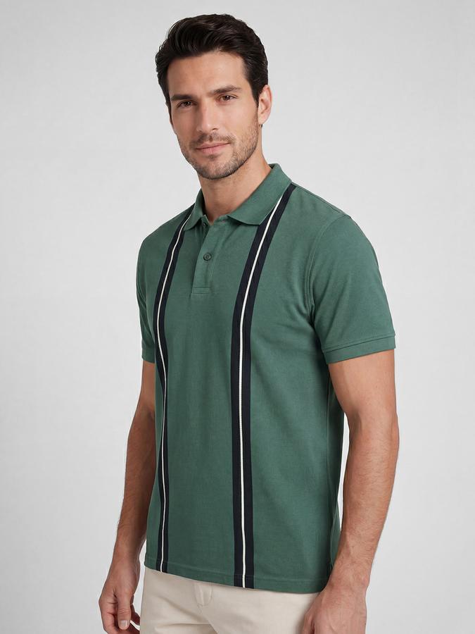 R&B Green Striped Men Polo Collar Regular Fit Short Sleeves T-Shirt 