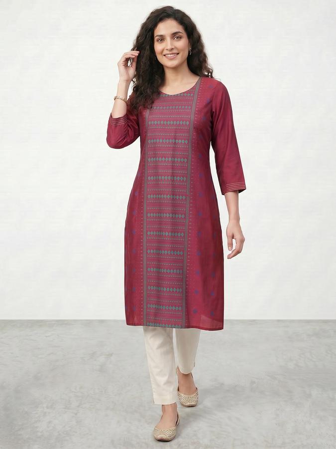 R&B Women Fuchsia Printed Round Neck Three-Quarter Sleeves Calf Length Straight Kurta 