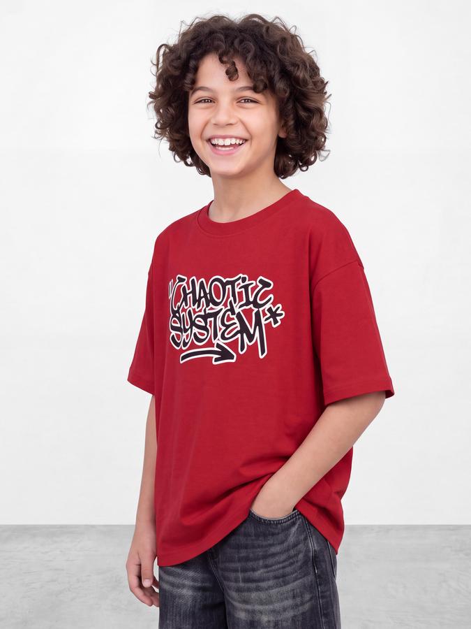 R&B Boys Red Typography Print Short Sleeves Round Neck Pure Cotton T-Shirt