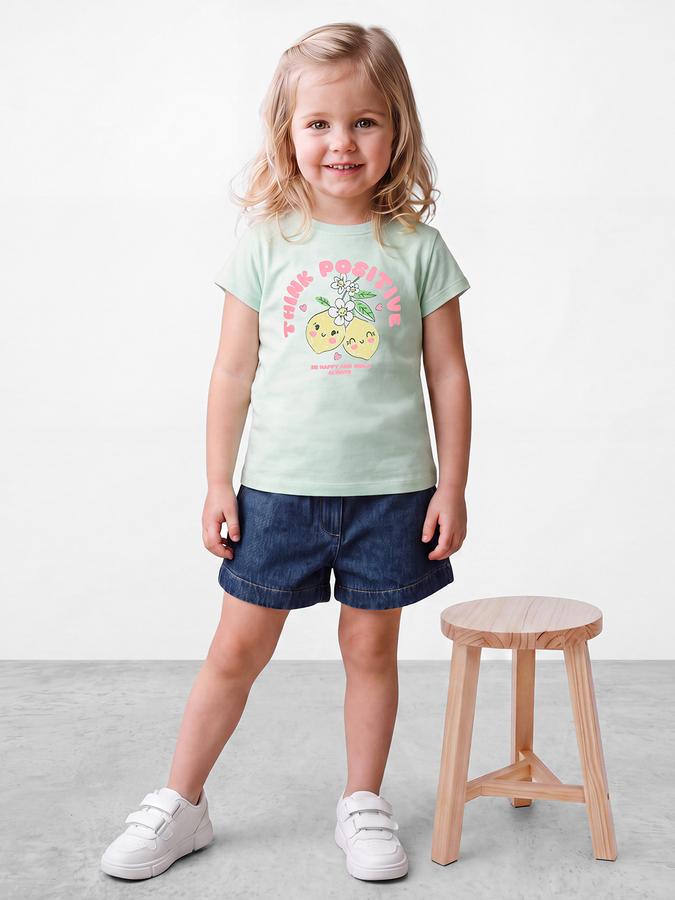 R&B Girls Green Graphic Print Short Sleeves Tshirt