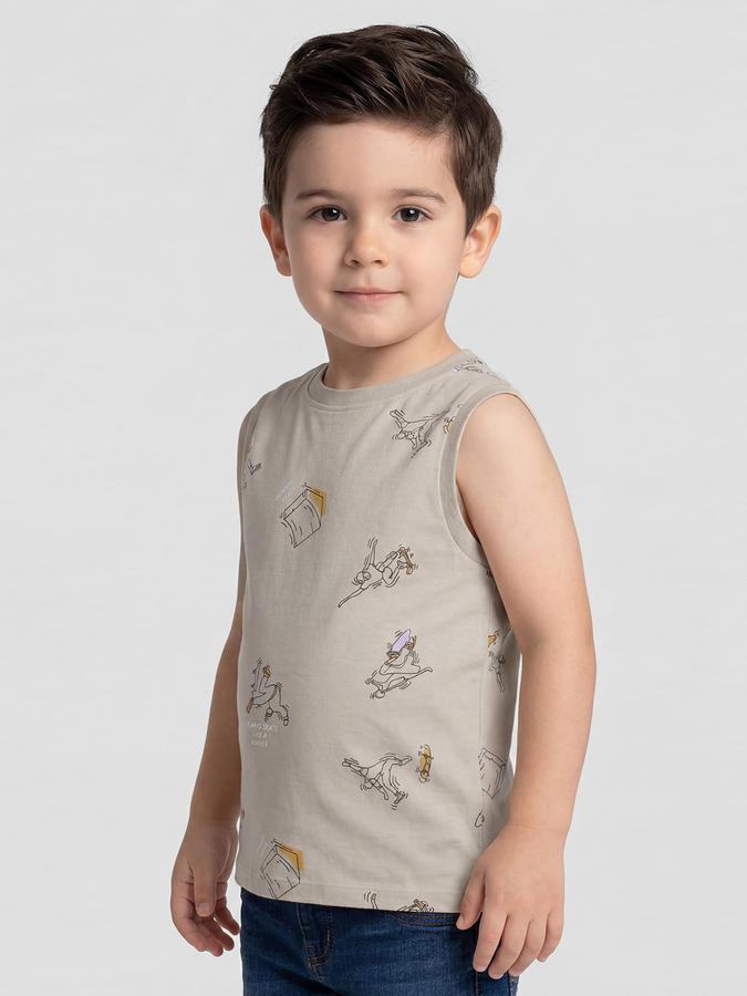 R&B Grey Graphic Print Boys Round Neck Regular Fit Sleeveless T-Shirt 
