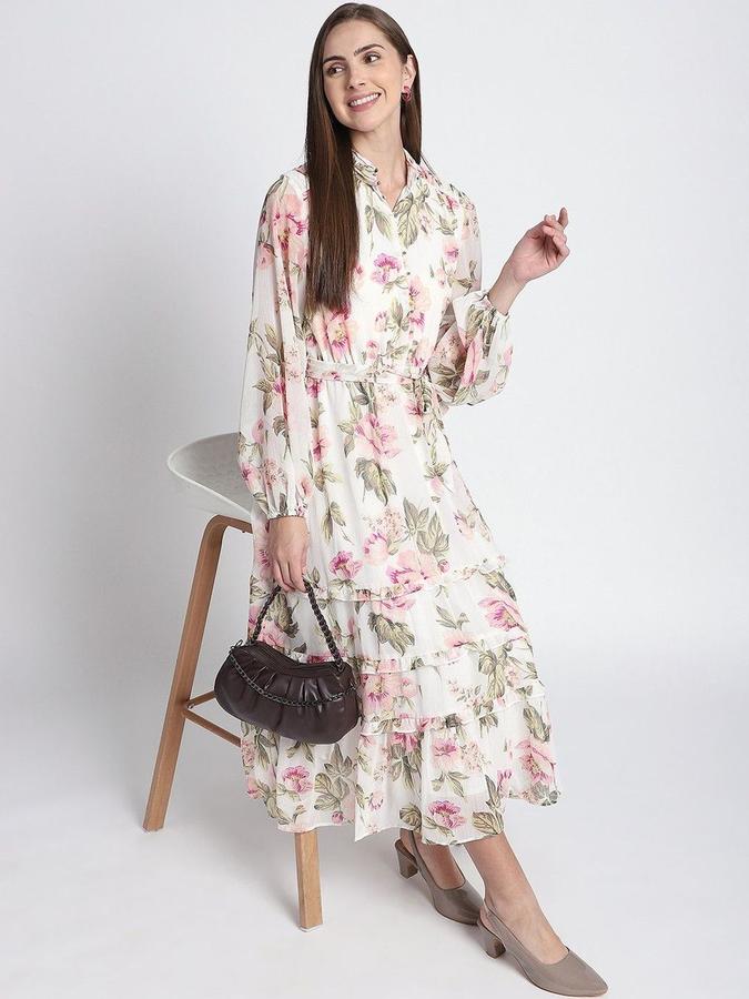 R&B Women Pink Floral Long Sleeves Mandarin Collar Midi A-Line Dress