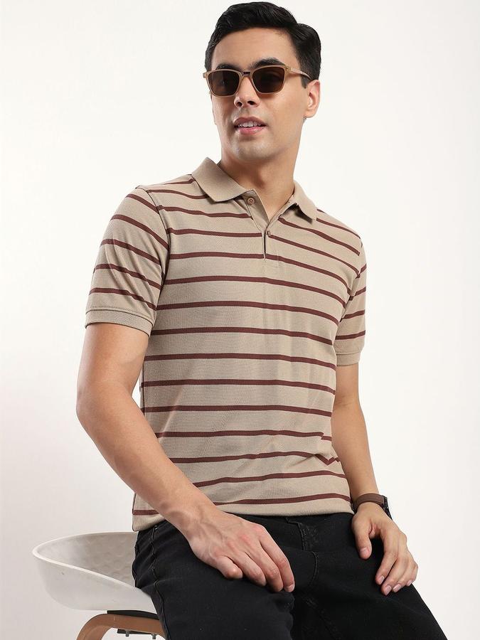 Men Cotton Blend Regular Fit Polo Neck Striped T-shirt