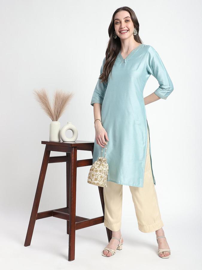 R&B Women Green Solid V-Neck Knee Length Ethnic Kurta
